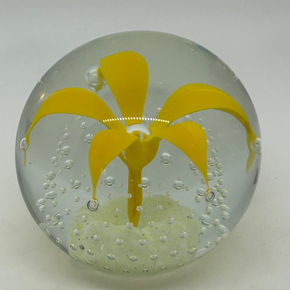Wheaton Glass Controlled Bubble Paperweight With Yellow Flower Design